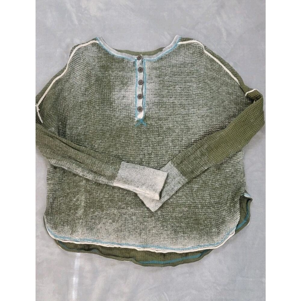 Sundance Gentry Waffle Knit Thermal Henley Top olive Green Medium oversized